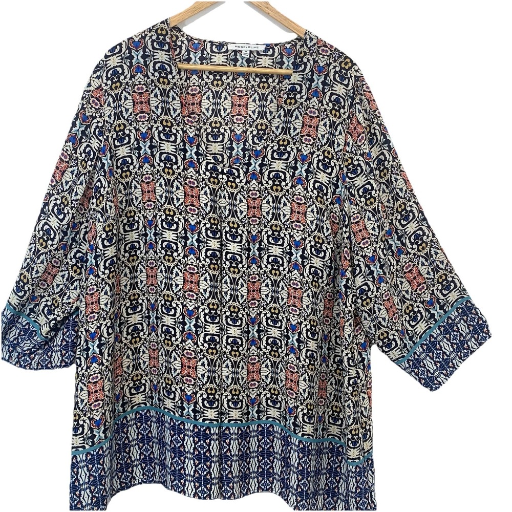 Rose & Olive Blouse Top Abstract Print  Woman 2X v Neck 3/4 Sleeve‎ Long Line